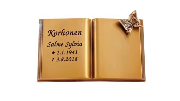 Pronssikirja perhosella hautakiven päälle Koko: 120 x 210 mm Voidaan asentaa uusiin ja vanhoihin hautakiviin.