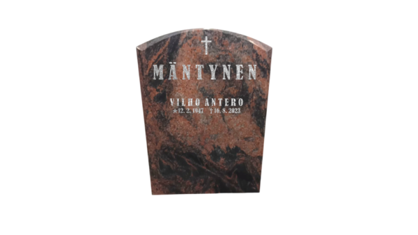 Korkeus 70 cm, leveys 55 cm, vahvuus 15 cm. Etupinta, sivut sekä päällinen hiottu ja tausta sahattu. Hiotut viisteet.