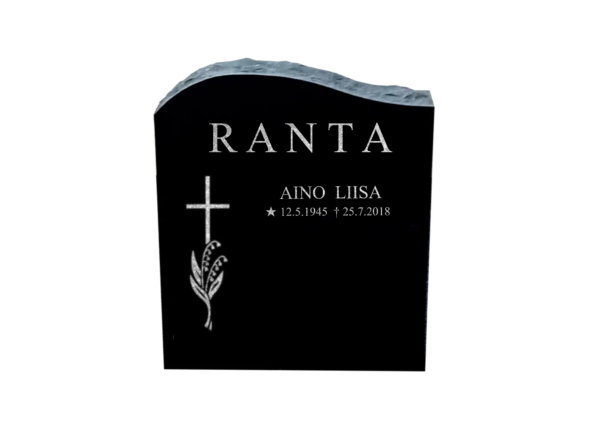 Korkeus 70 cm, leveys 60 cm, vahvuus 15cm. Etupinta sekä sivut hiottu, päällinen louhittu ja tausta sahattu. Useimmille arkkuhautapaikoille soveltuva koko.