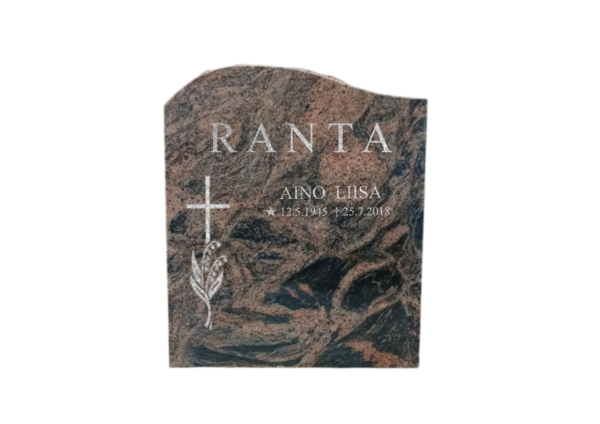 Korkeus 70 cm, leveys 60 cm, vahvuus 15cm. Etupinta sekä sivut hiottu, päällinen louhittu ja tausta sahattu. Useimmille arkkuhautapaikoille soveltuva koko.