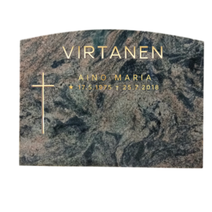 Korkeus 60 cm, leveys 80 cm, vahvuus 15cm. Etupinta, sivut sekä päällinen ovat hiottuna ja tausta sahattuna.